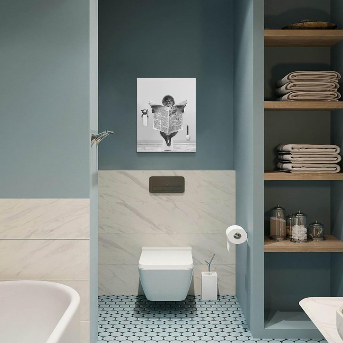 Decoración de baño de mono, imagen divertida de arte de pared de baño de mono, lienzo blanco y negro de mono bañándose en el baño, impresión