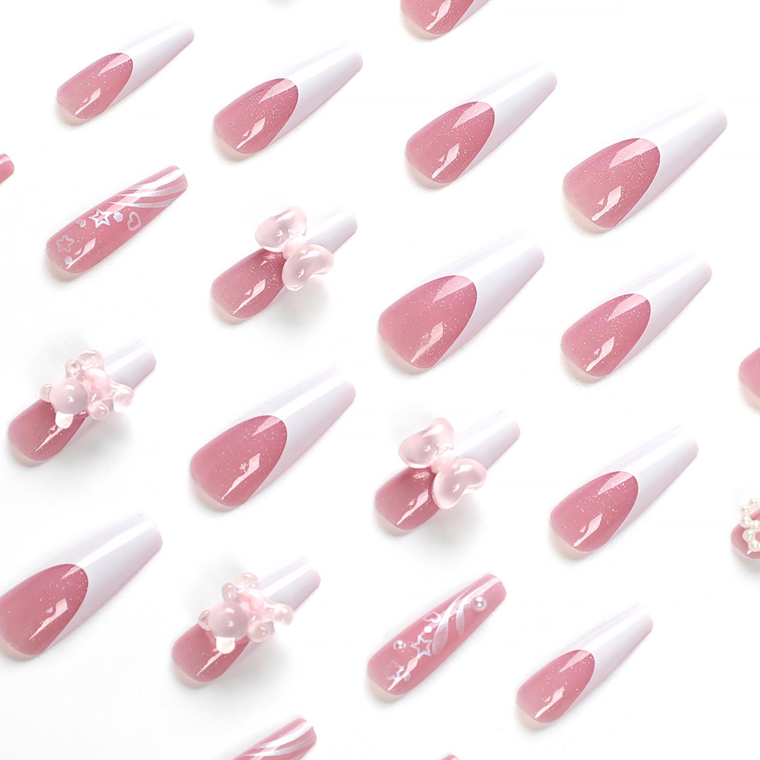 24 uñas postizas cuadradas a presión, uñas largas con purpurina rosa con lazo de encanto, bonitos diseños de osos y diamantes de imitación, uñas