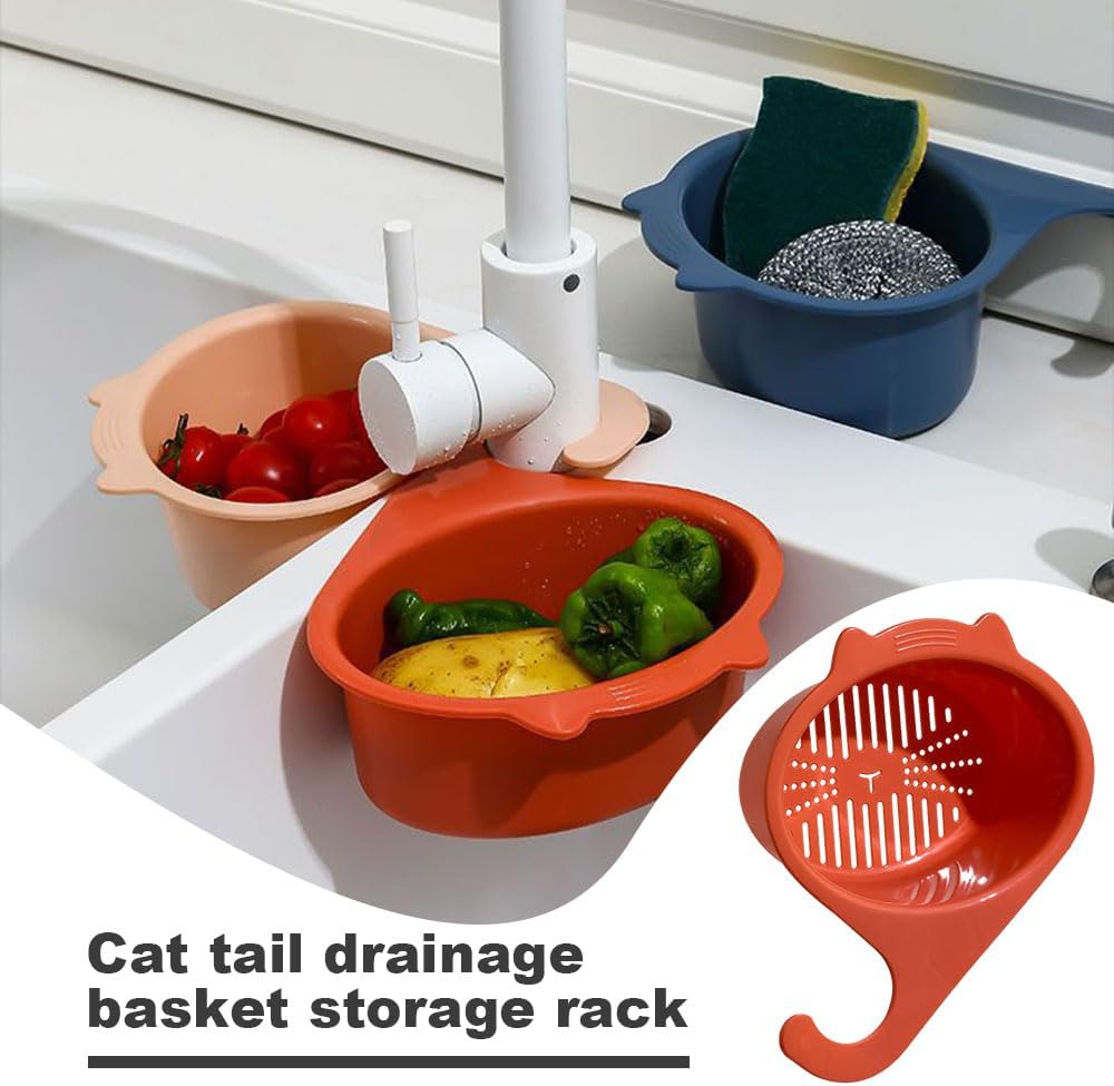 Cesta de colador de cocina, bonita cesta de escurridor de cola de gato, gran capacidad, colador de lavado, cesta de drenaje con reposabrazos sobre