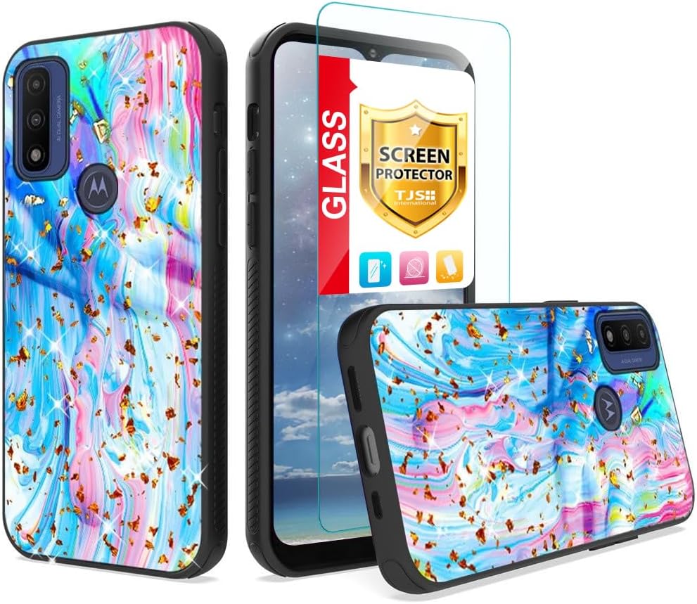 TJS Funda compatible con Motorola Moto G Pure 2021, Moto G Power 2022, con protector de pantalla de vidrio templado, brillante escamas con purpurina