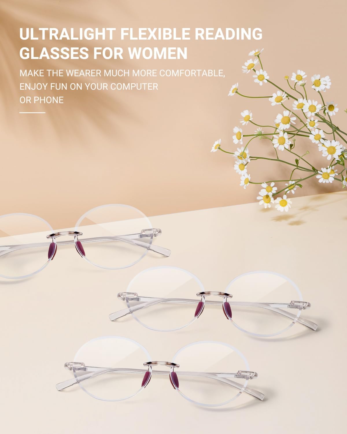 TERAISE Rimless Reading Glasses for Women,3 Pack Blue Light Blocking Reading Glasses,Ultralight Frameless Reader