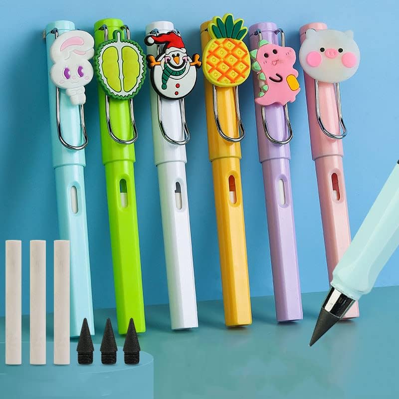 Lápices 4 lápices sin tinta de dibujos animados, infinito de dibujos animados eternos y 4 puntas de lápices de repuesto, lápiz ilimitado de dibujos