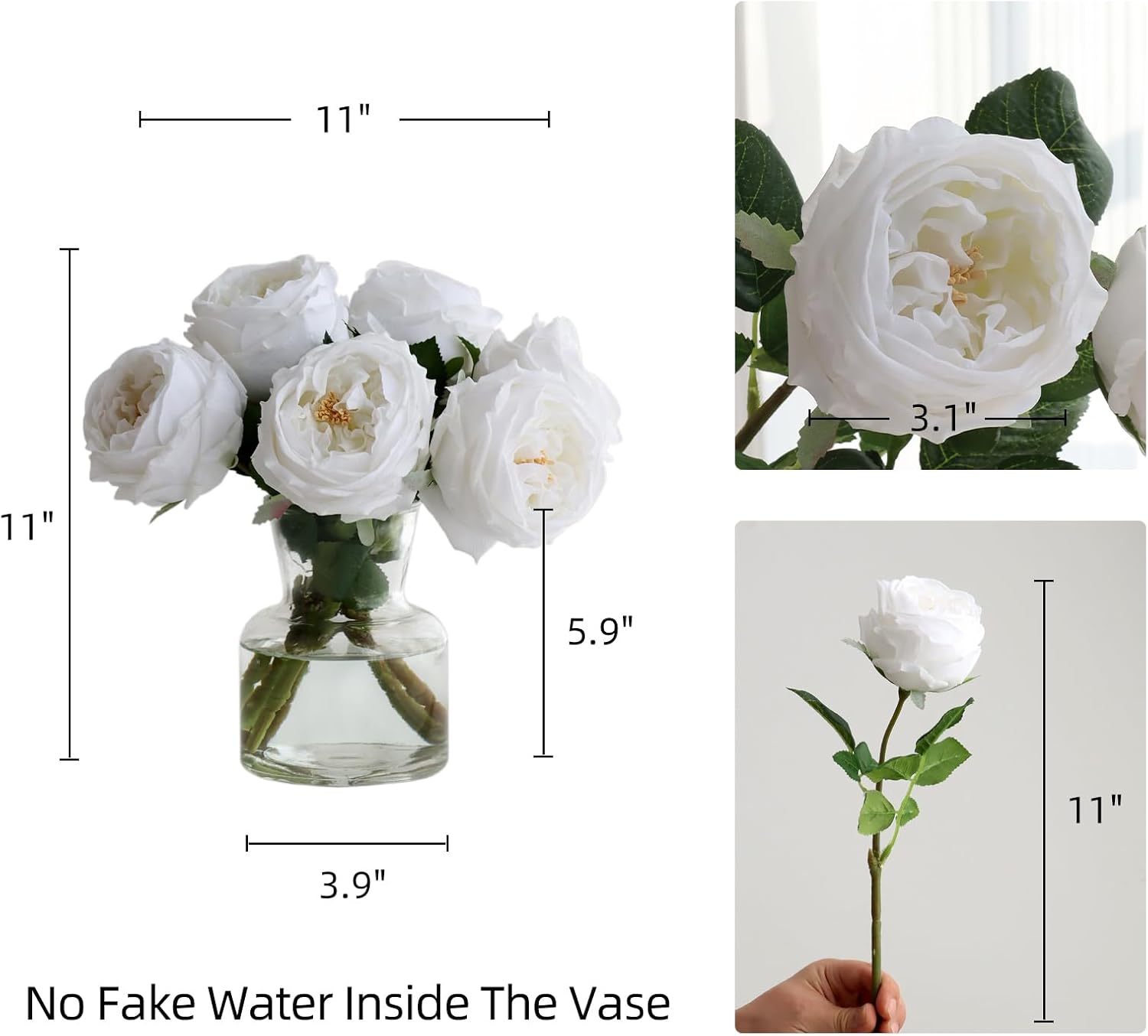 6 flores falsas de peonías de rosas Austin con jarrón, florero de vidrio transparente con peonías blancas de tacto real, flores artificiales para
