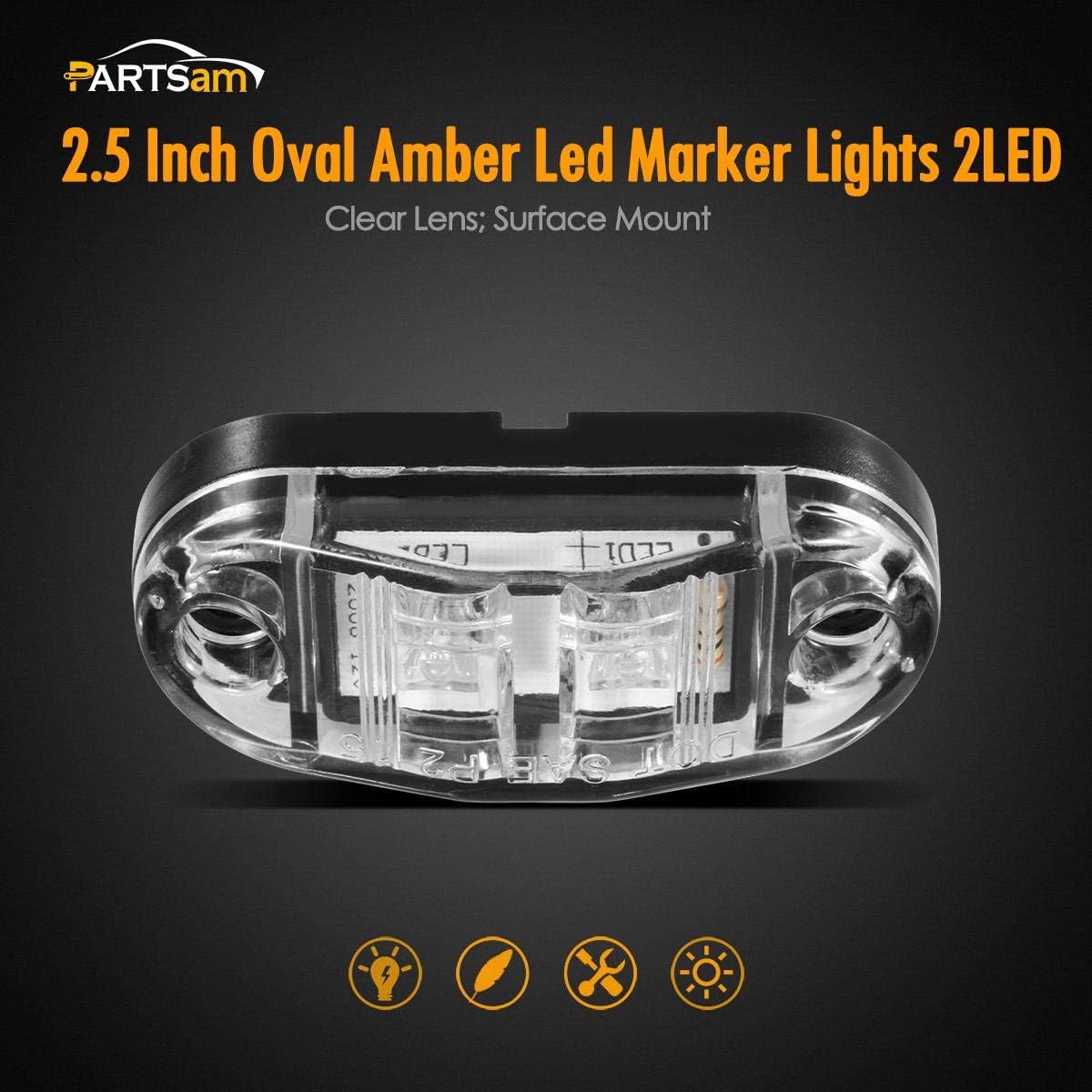 Partsam 4 luces LED ovaladas de 2.5 pulgadas, color ámbar, luces laterales, 2 diodos, lente transparente, montaje en superficie, remolque, barco,