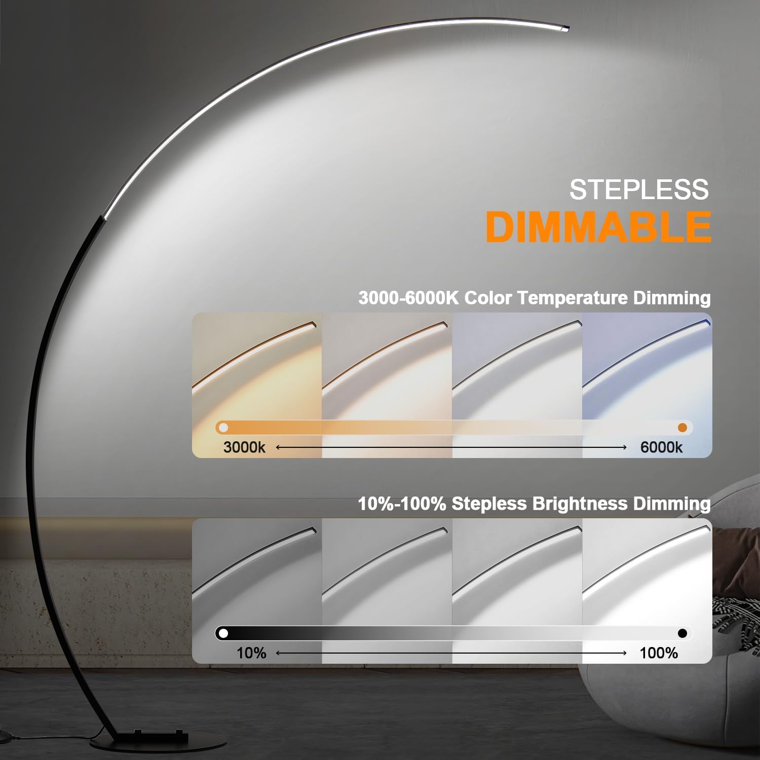 Lámpara de pie LED regulable con 3 temperaturas de color, lámparas de pie de arco ultra brillantes de 2000 lm para sala de estar, lámpara alta de