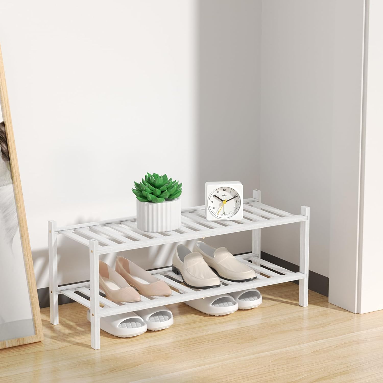 Zapatero de bambú natural de 2 niveles  Estante de almacenamiento apilable con combinaciones multifunción  Zapateros independientes para una cómoda