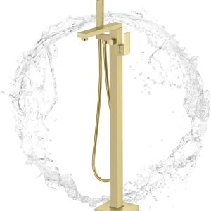 Kalog Grifo de bañera independiente de una sola manija con ducha cuadrada de mano (dorado cepillado) Kalog Grifo de bañera independiente de una sola manija con ducha cuadrada de mano (dorado cepillado)