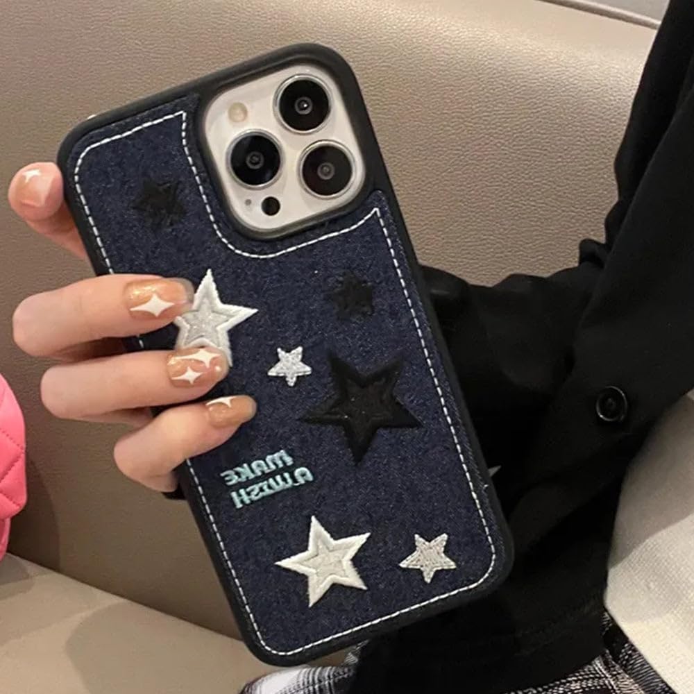 Casechics Funda compatible con iPhone, funda de silicona con bordado de tela vaquera fresca, protección para lente de cámara, suave a prueba de
