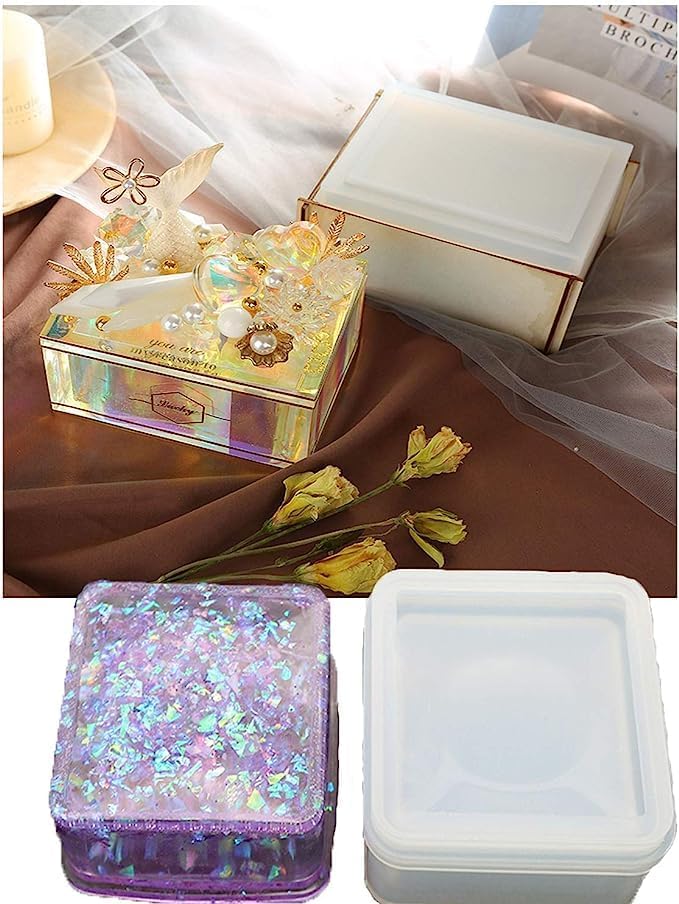 Juego de 2 moldes de resina para joyero, 1 caja rectangular de silicona (5 x 4 x 2.4 pulgadas) y 1 molde de caja de cuadrados pequeños (2.9 x 2.9 x