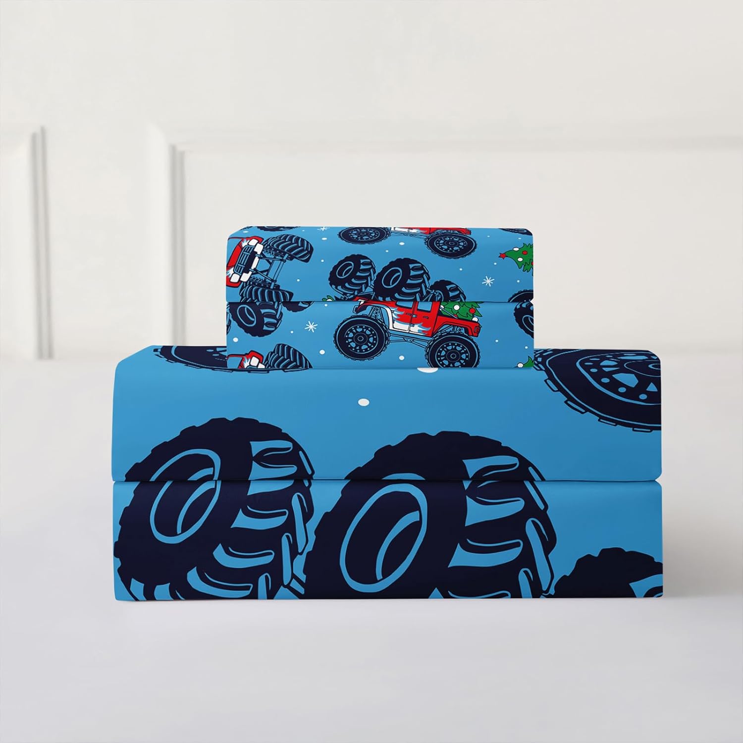 Juego de sábanas de camión, tamaño individual, juego de sábanas para niños, ropa de cama con estampado de camión de árbol de Navidad, ultra suave,