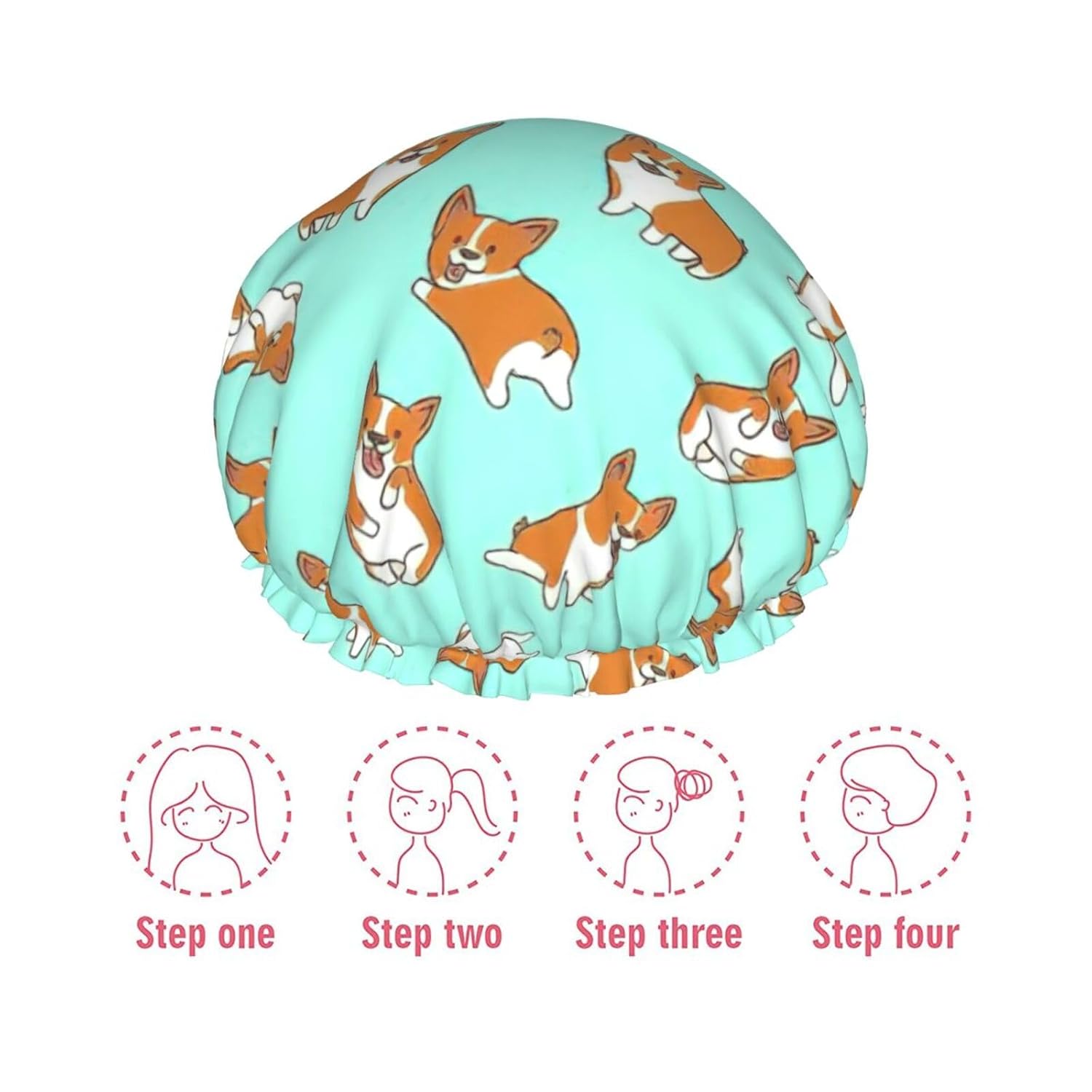 Corgi – Gorro de ducha impermeable de doble capa con estampado de perro, adecuado para todas las longitudes de cabello (10.6 x 4.3 pulgadas)