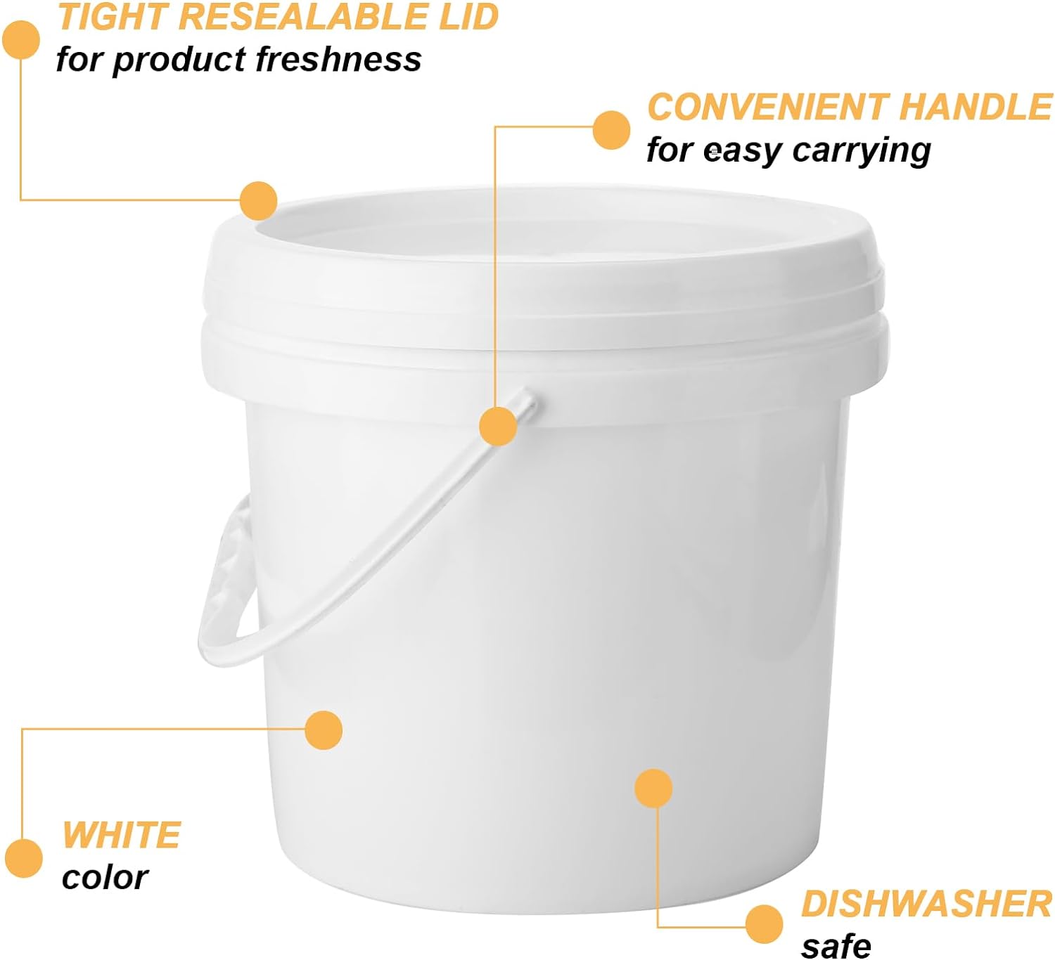 Gerrii Paquete de 10 cubos de plástico blanco con asa y tapa, contenedores de almacenamiento de alimentos, cubo multiusos para pintura, agua,
