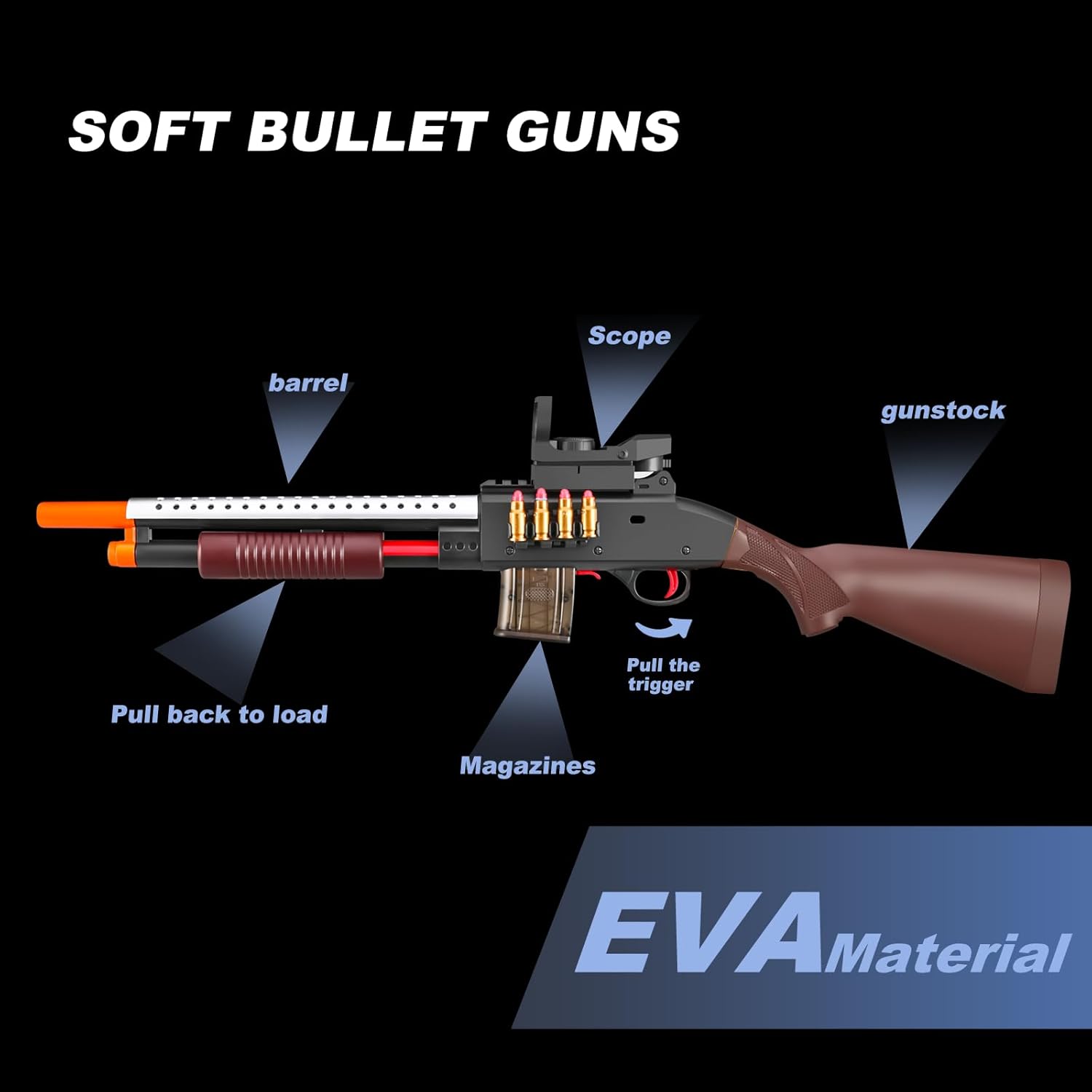 Escopeta de bombeo de juguete realista de barril de proyección, pistola de espuma blanda con aspecto de bala, rifle de francotirador real con
