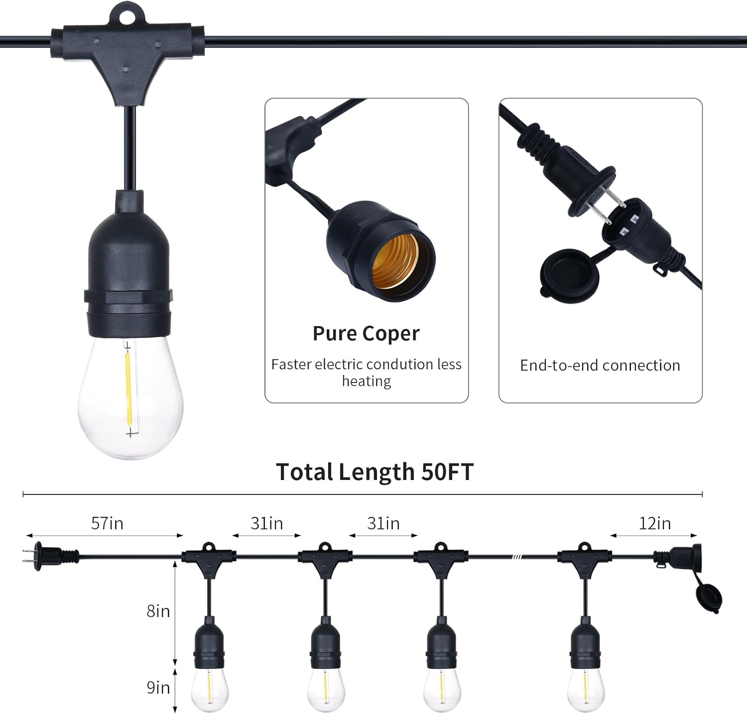 Tira de luces LED para exteriores, tira de luces LED para patio de 50 pies, 17 bombillas Edison vintage, 15 enchufes colgantes (2 bombillas de