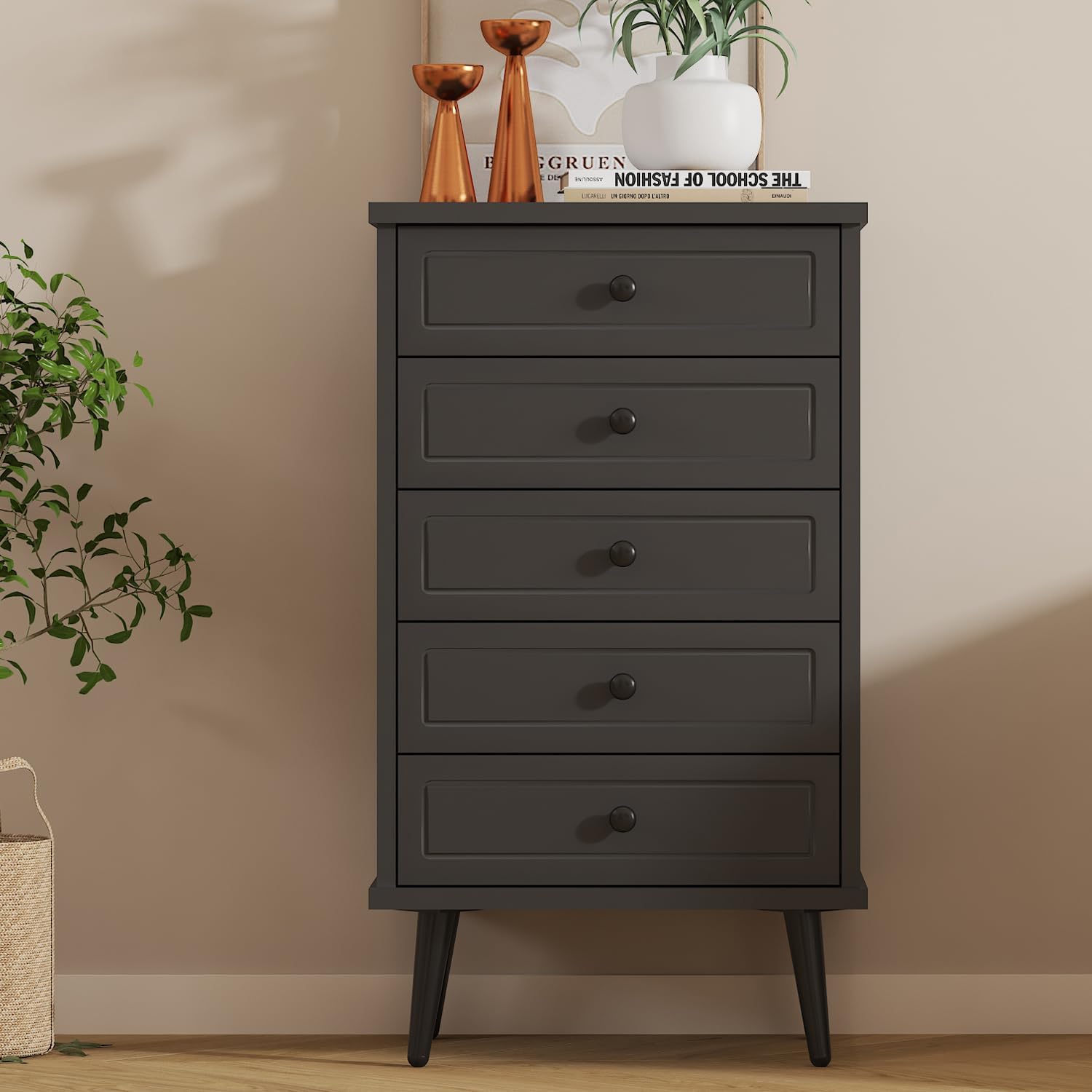 Function Home Cómoda con 5 cajones, cómoda de almacenamiento de madera con dispositivo anti-caída para baño, dormitorio, sala de estar y armario