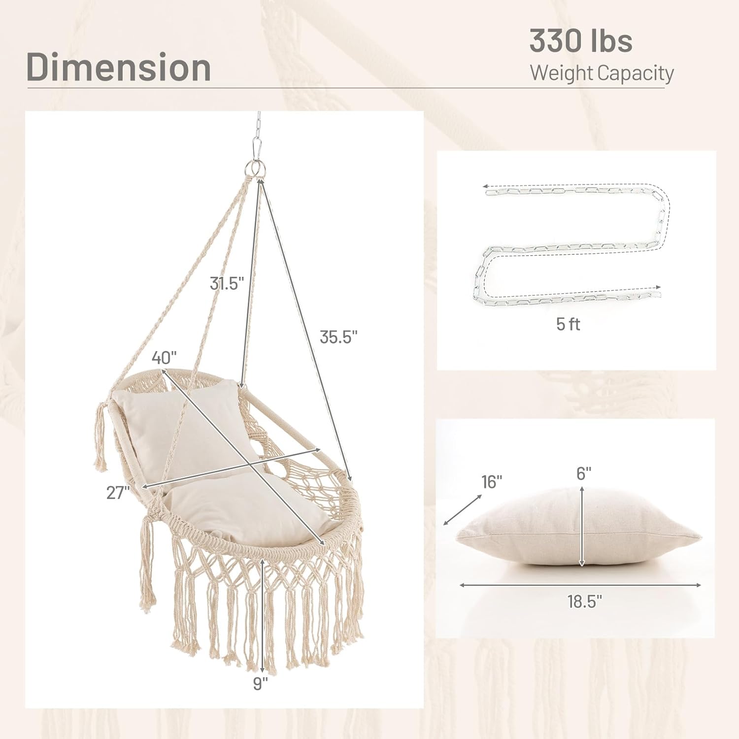 Giantex Silla columpio de macramé, columpio colgante de porche con cojines de asiento suaves, cuerda de algodón y kits de herramientas, soporta