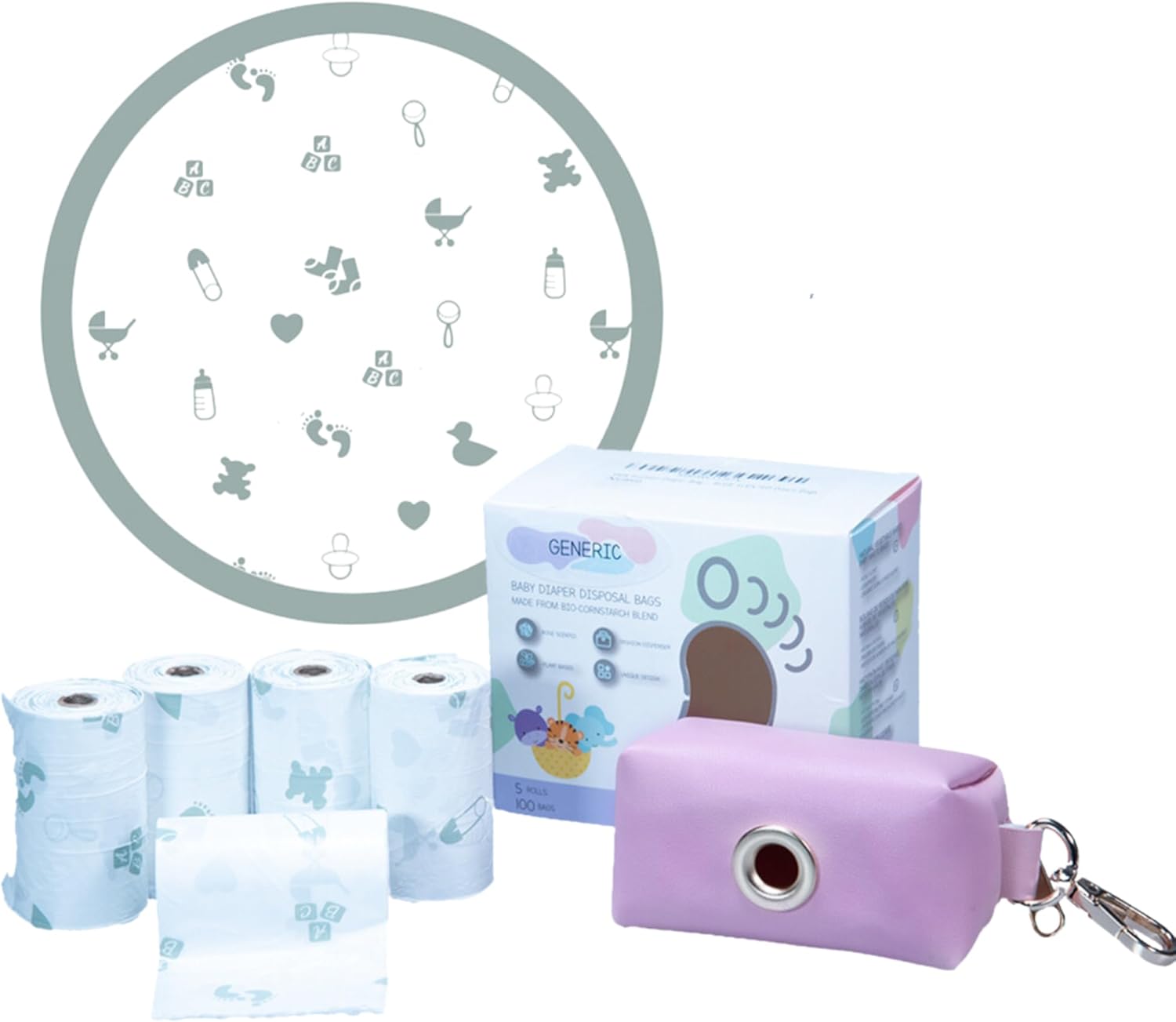 Dispensador de bolsas de pañales portátil rosa, 100 bolsas de pañales perfumadas y compostables con aroma a rosas, bolsas de basura para pañales a