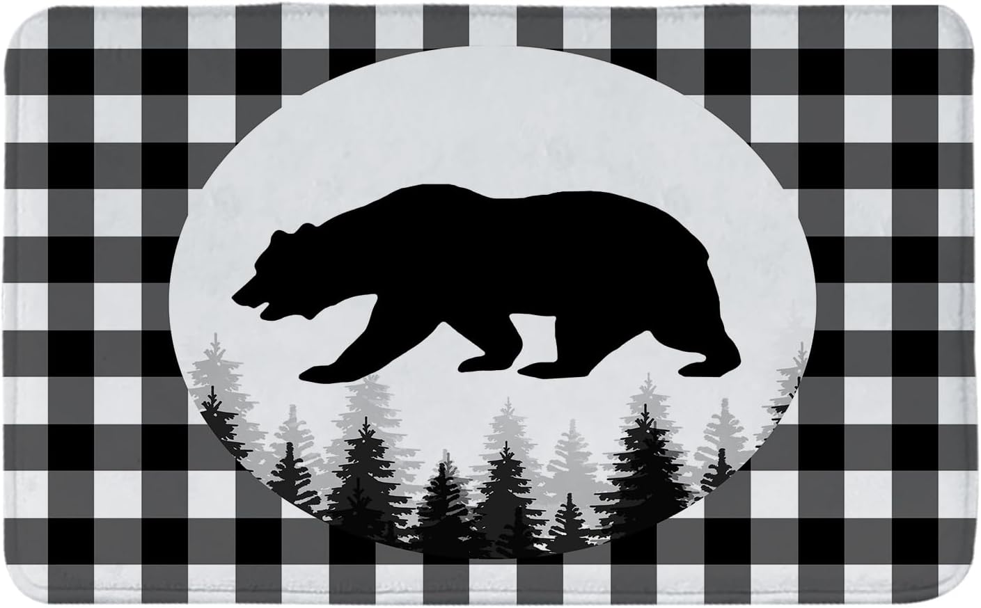 Alfombra de baño a cuadros blancos y negros con diseño de bosque de osos, alfombra de baño rústica de espuma viscoelástica, 29.5 x 17.5 pulgadas