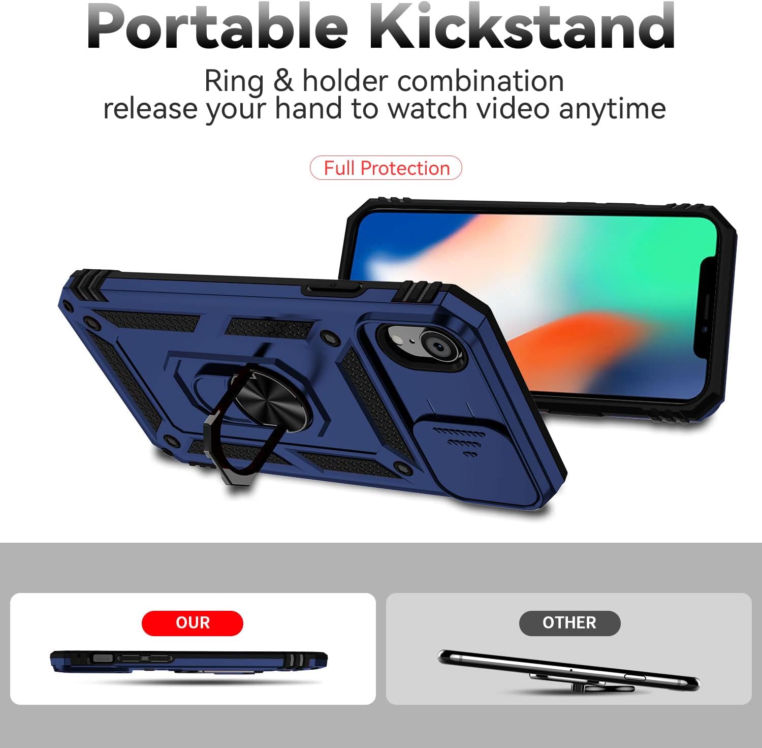 Funda para iPhone XR, con cubierta para lente de cámara, protector de pantalla HD, grado militar anillo de montaje en coche, soporte híbrido de