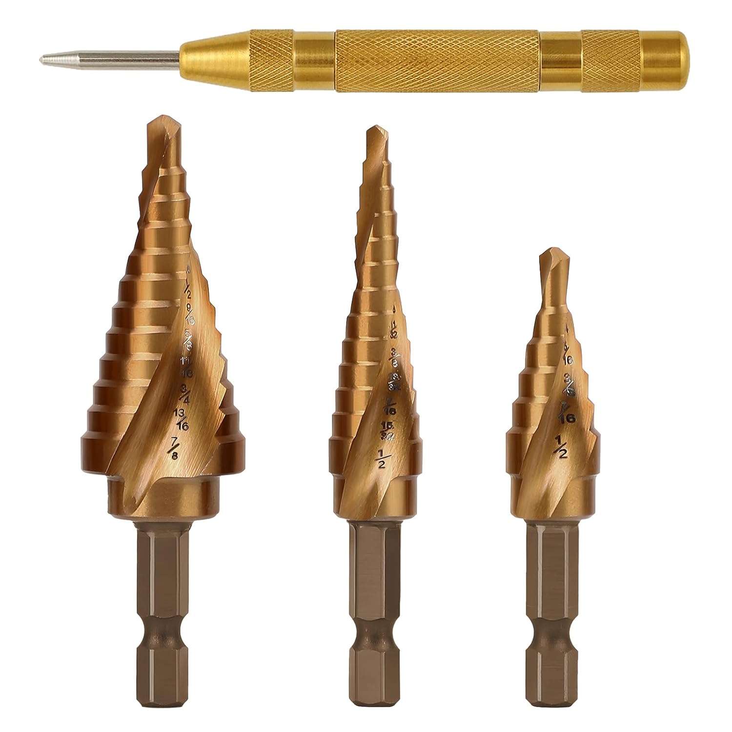 COMOWARE Juego de brocas escalonadas de cobalto, 3 brocas de vástago hexagonal HSS con dos flautas en espiral y preparación para impactos, ideal