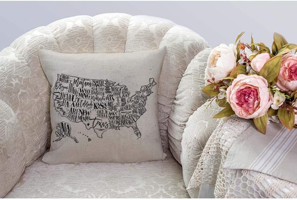 HGOD DESIGNS Fundas de almohada con mapa, diseño vintage de Estados Unidos con inscripción de Estados Unidos, funda de cojín cuadrada de lino y