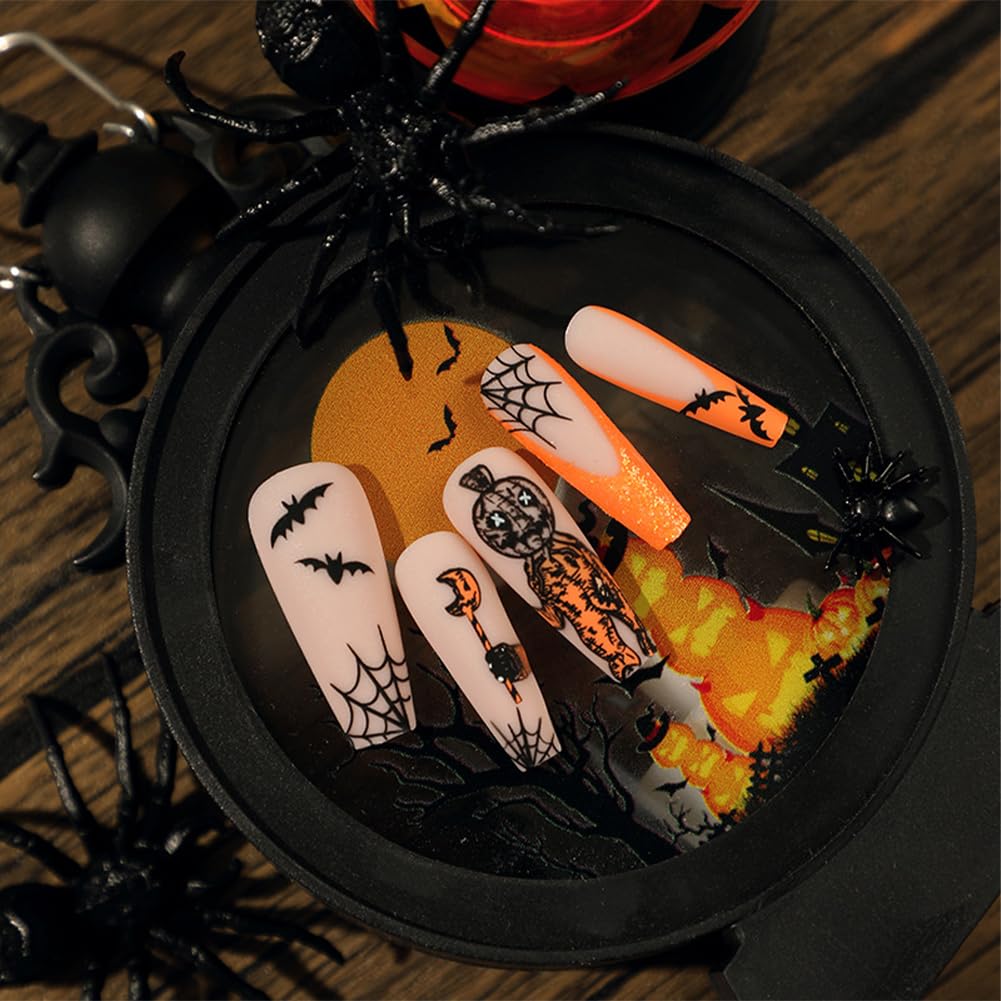 Uñas postizas a presión de Halloween, 24 unidades (12 tamaños), color naranja y negro, con punta francesa, uñas artificiales acrílicas con diseño de