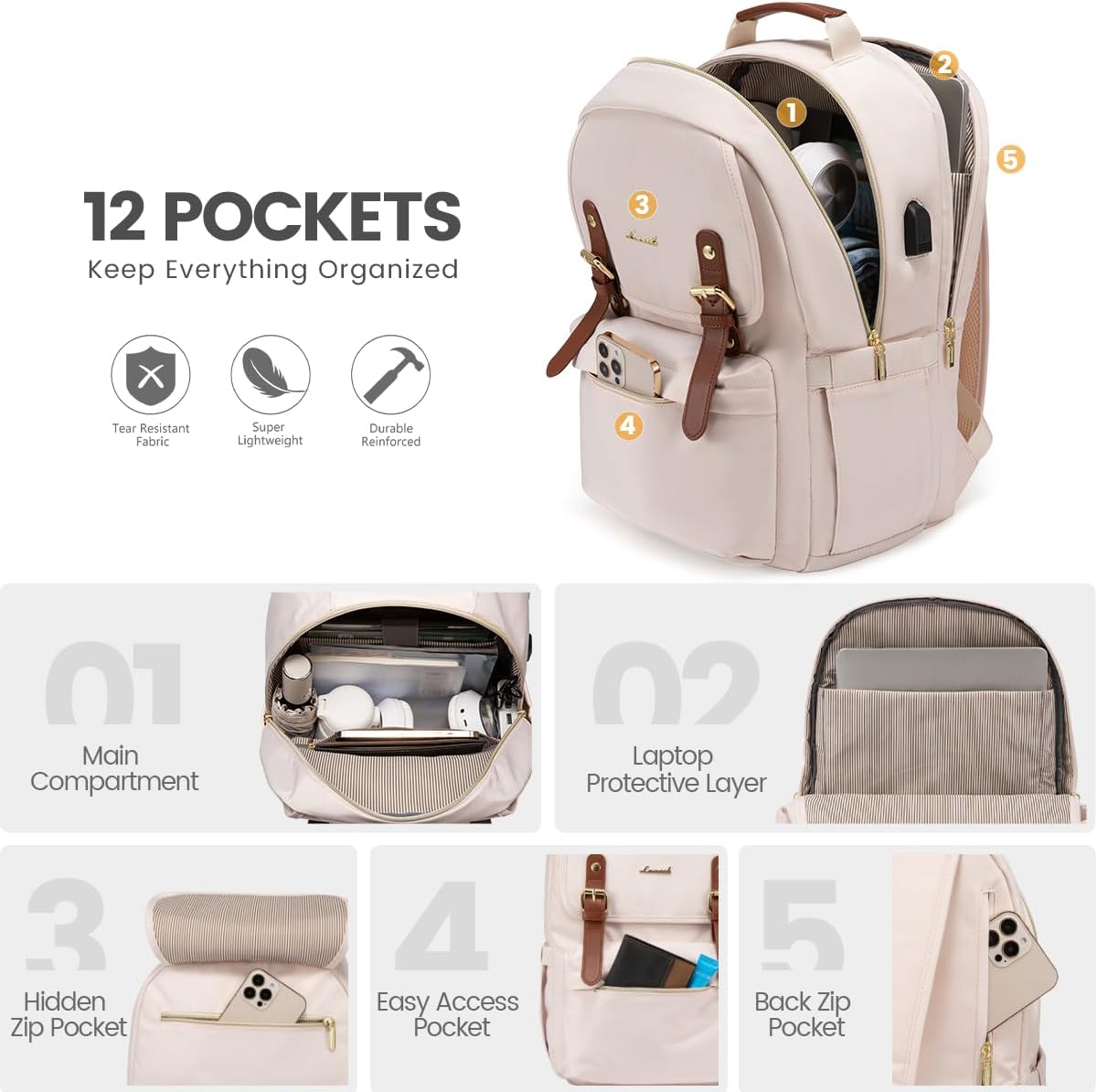LOVEVOOK Mochila para laptop para mujer, mochila de viaje informal para la universidad, Beige, Moda