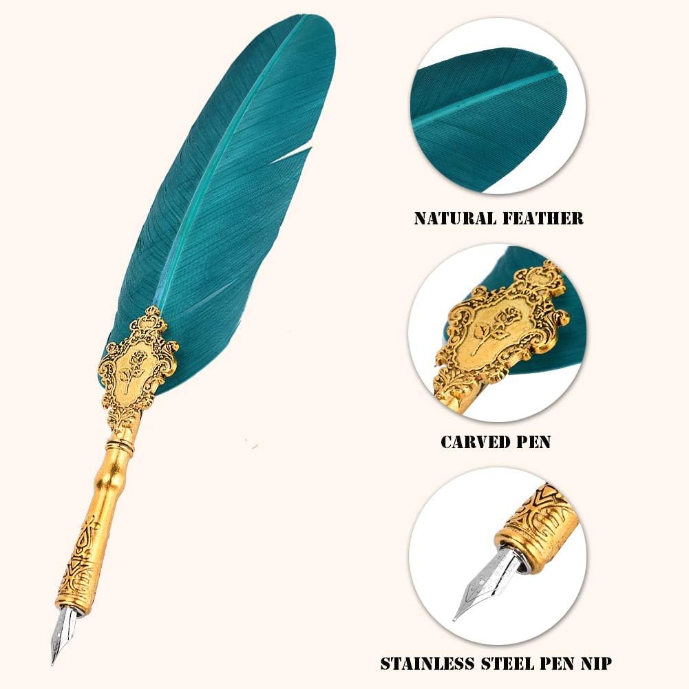 Zerone Juego de plumas retro, pluma estilográfica clásica europea, pluma de pavo real antiguo, pluma de metal con punta de pluma de escritura, caja