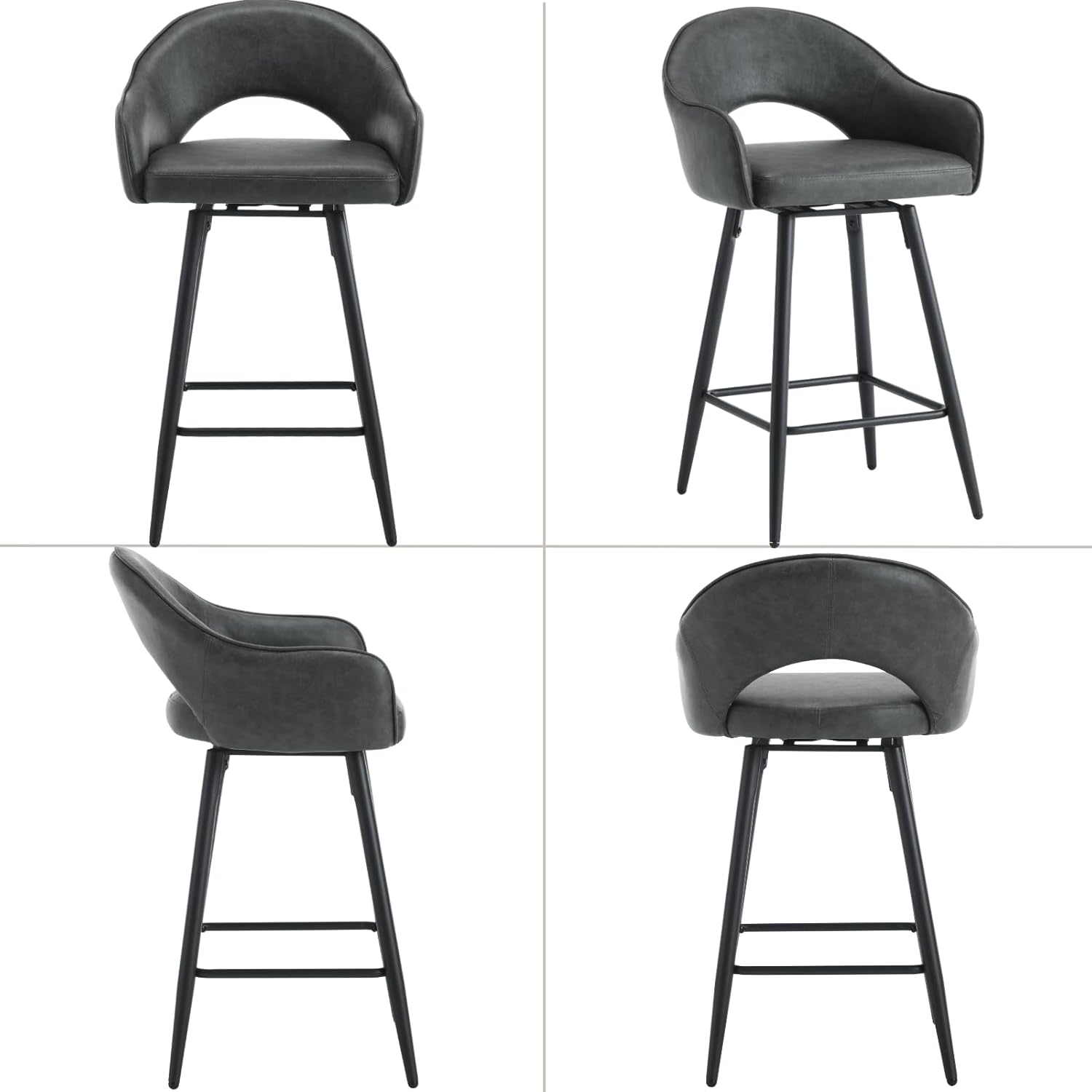 Juego de 2 taburetes de bar giratorios modernos, de 27 pulgadas, tapizados de poliuretano, altura de mostrador, con patas de metal, respaldo hueco