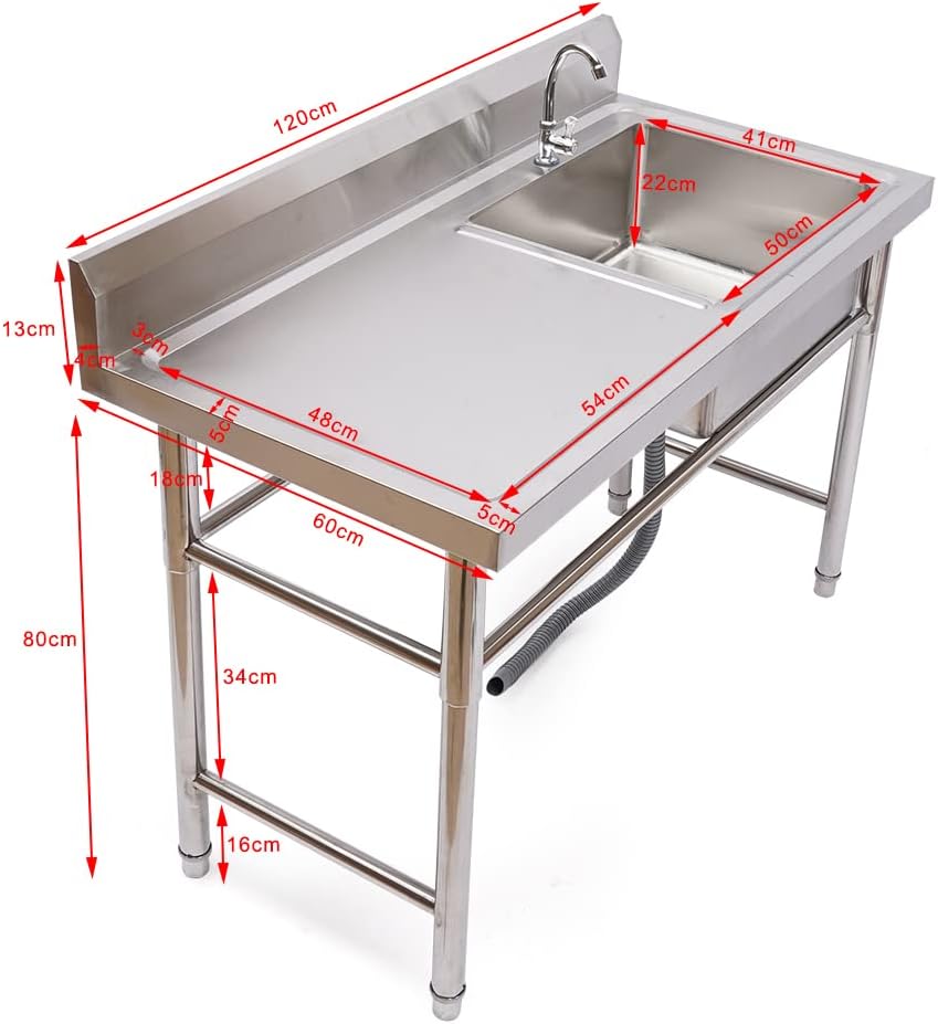 Fregadero de cocina de 1 compartimento, acero inoxidable de 47.2 x 23.6 x 31.5 in, juego de fregadero de restaurante, fregadero de cocina con un