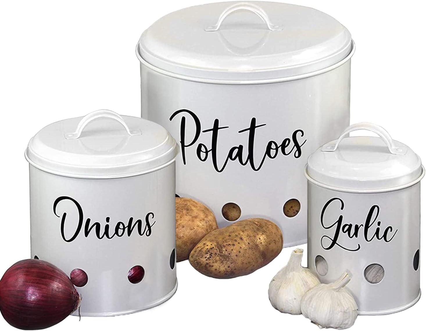 Home Acre Designs – Juego de 3 botes herméticos para papas, cebollas y ajo, contenedores rústicos artesanales para guardar las verduras, color blanco