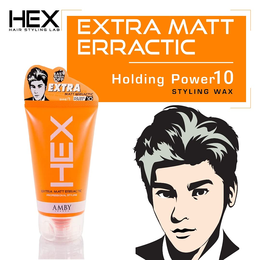 HEX Amby – Cera para el cabello para hombres, cera extra mate, Erractic, 3.5 onzas (3.53 oz) con fuerte sujeción duradera, acabado seco mate no