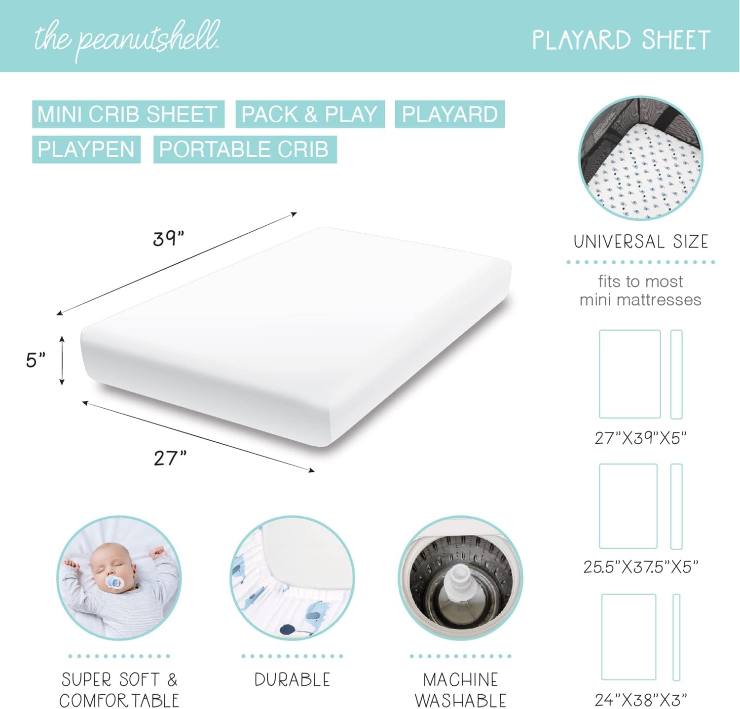 The Peanutshell Juego de sábanas bajeras para cuna, corralito, paquete de sábanas de juego, corralito, estrellas de elefante