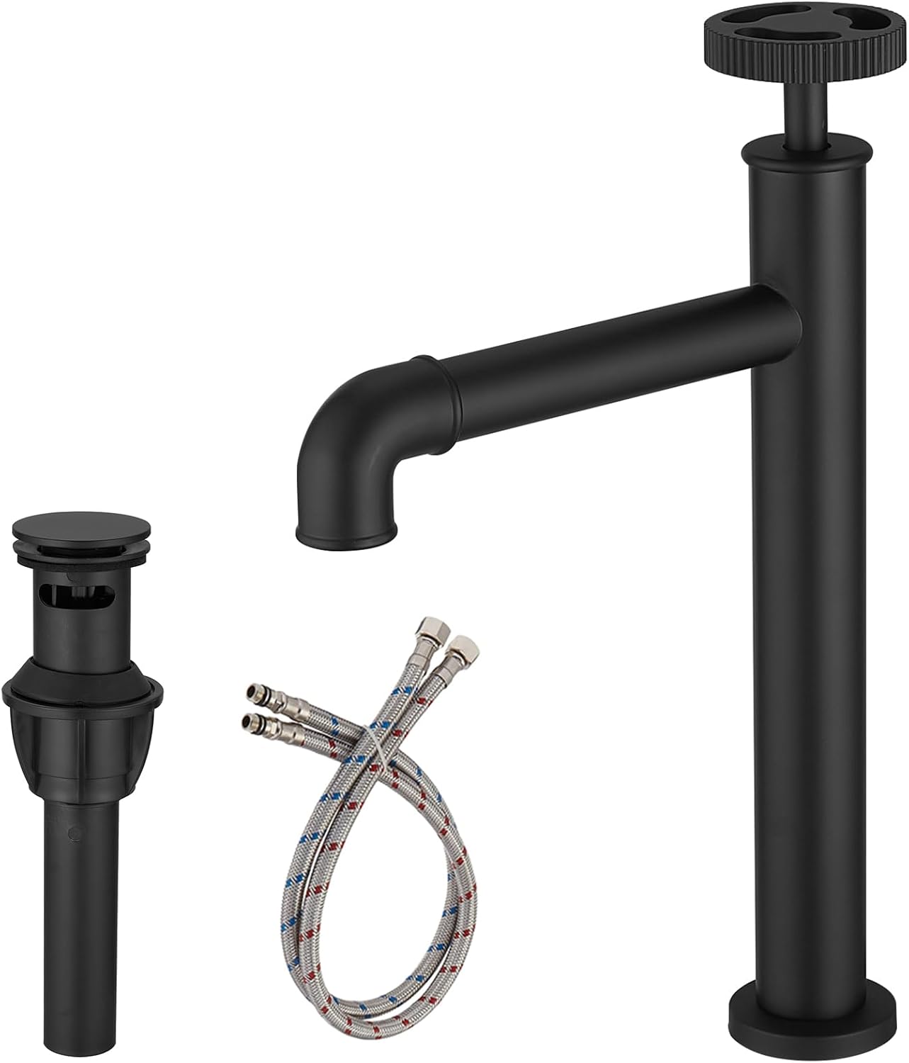 Grifo de lavabo de recipiente negro, grifo alto de baño, grifo de lavabo de estilo industrial de un solo agujero, grifo de fregadero con drenaje