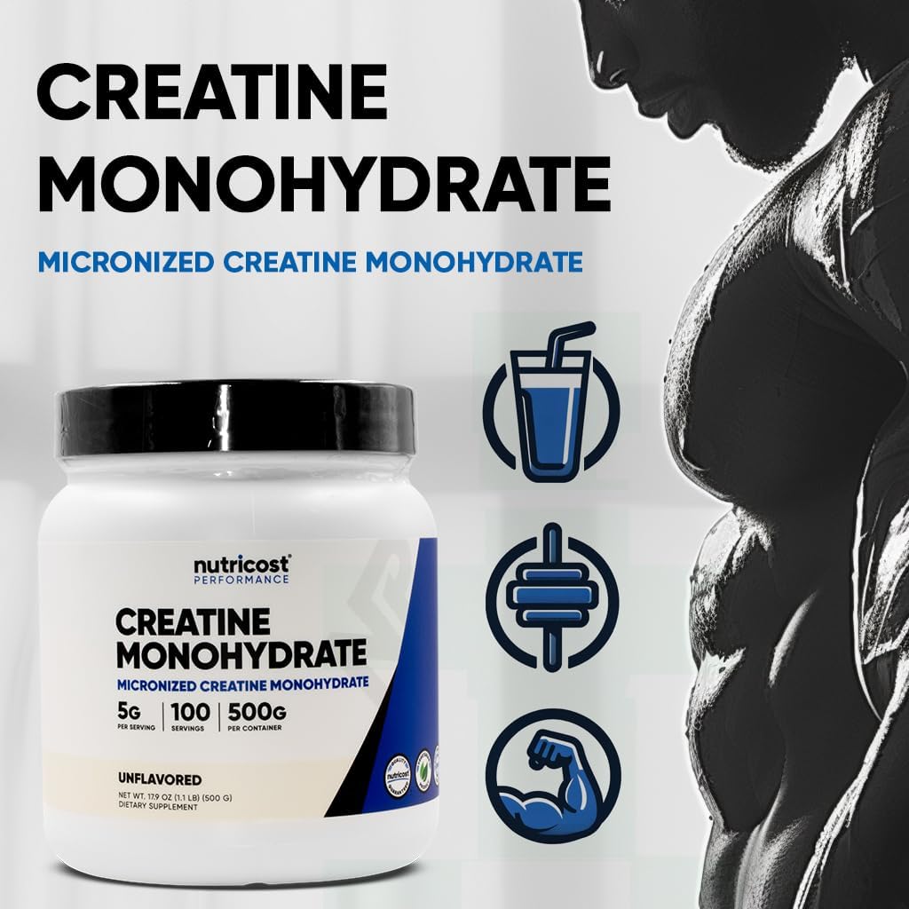 Nutricost Monohidrato de creatina en polvo micronizado 500G, 5000mg por servicio (0.18 oz) – Monohidrato de creatina micronizada, 100 porciones,