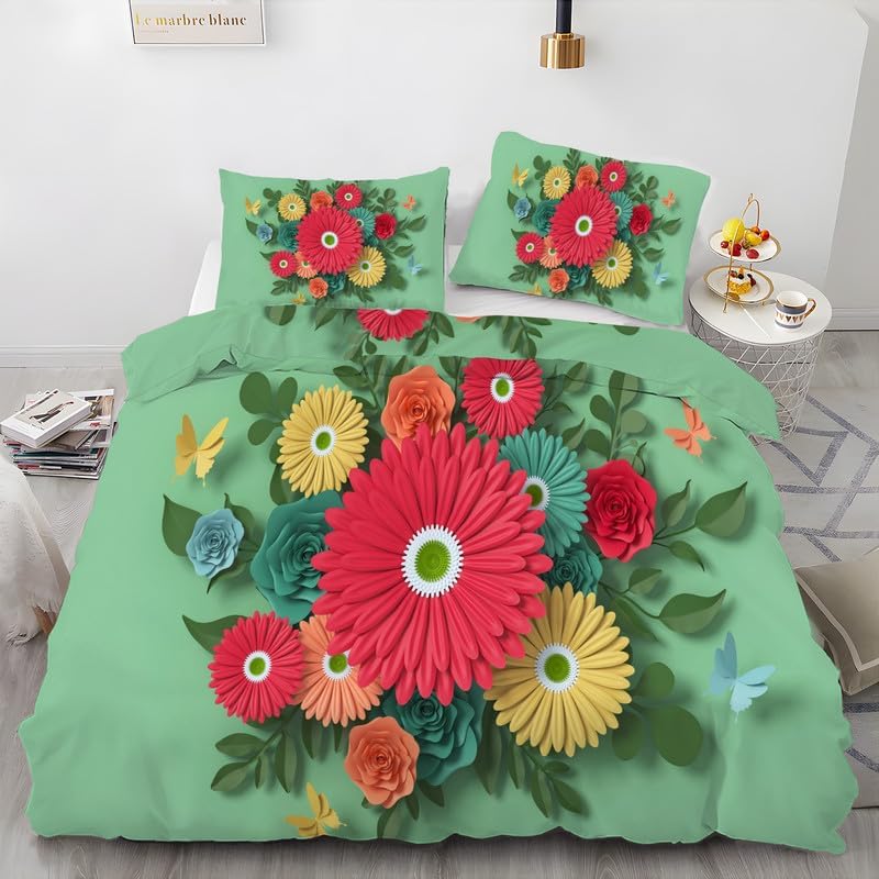 Green Flowers King Duvet Cover Floral Print King Bedding Set Soft Microfiber Comforter Cover and 2 Pillow Shams 20″X36″, Bed Set Duvet Covers with