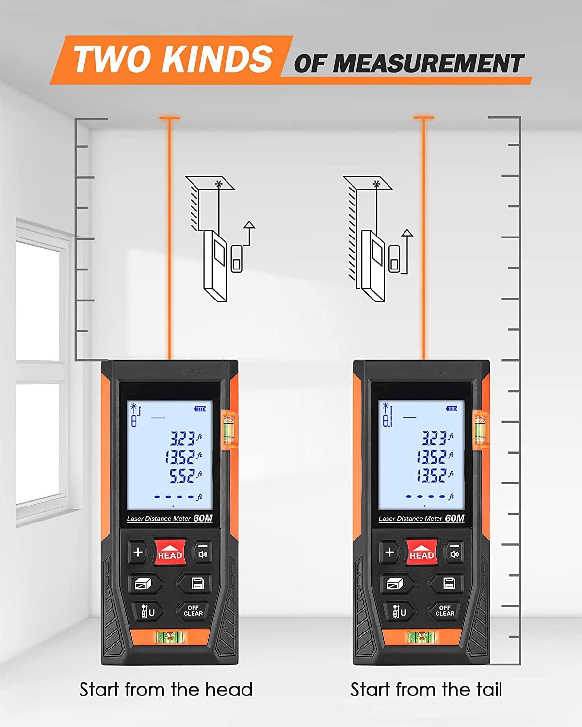 Medición láser clásica, medición láser digital con 2 niveles de burbuja, cambio de unidad Minpiepie+in, LCD retroiluminado, IP54 a prueba de golpes