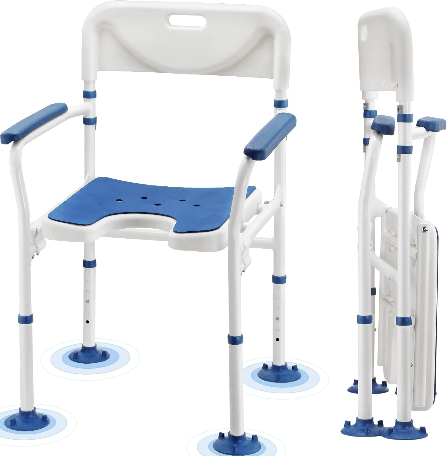 GreenChief Silla de ducha con brazos y respaldo de 350 libras, silla de baño plegable ajustable, asiento de ducha recortado para lavado privado,