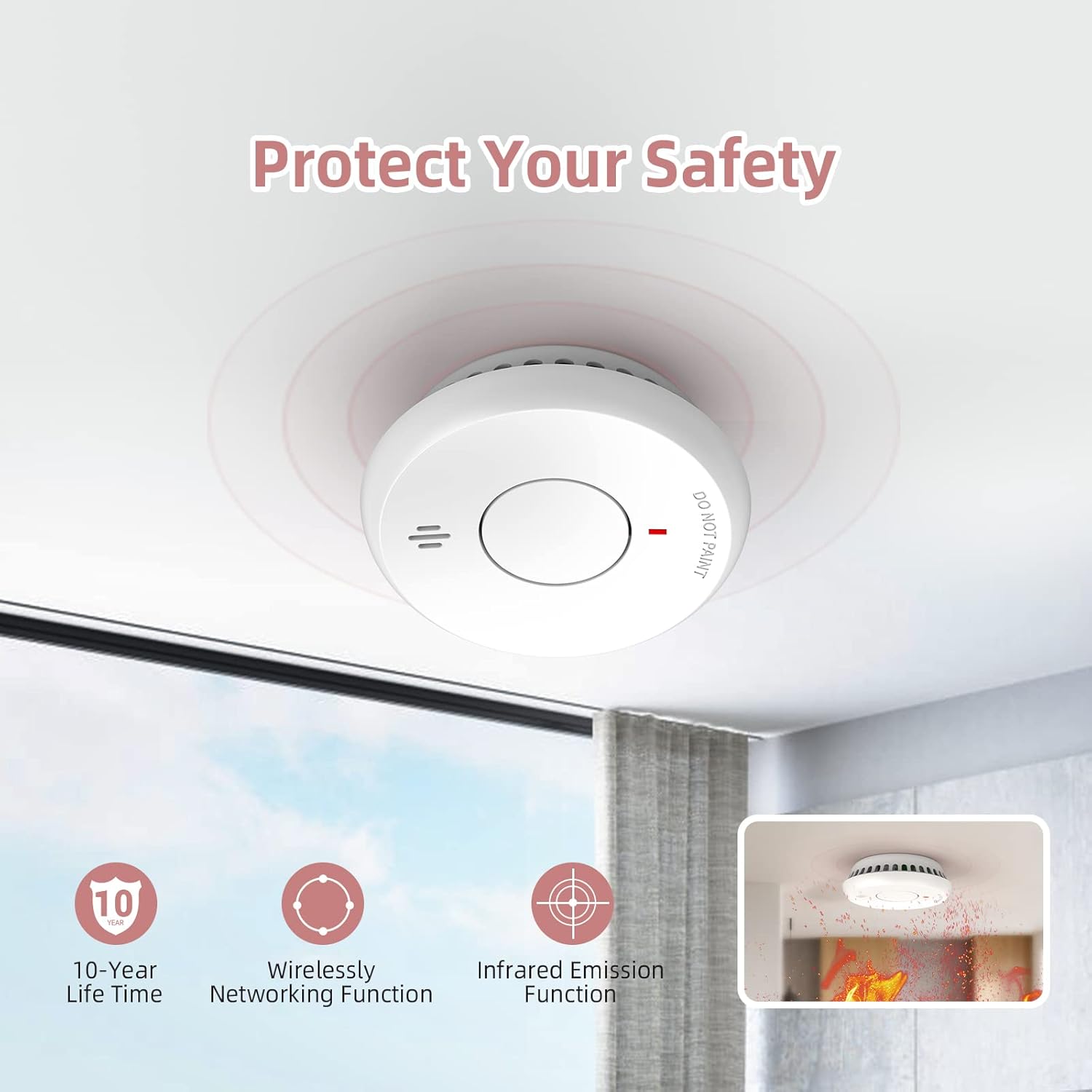 Putogesafe Detector de humo inalámbrico interconectado, alarma de humo con 10 años de duración de la batería, alarma contra incendios con botón