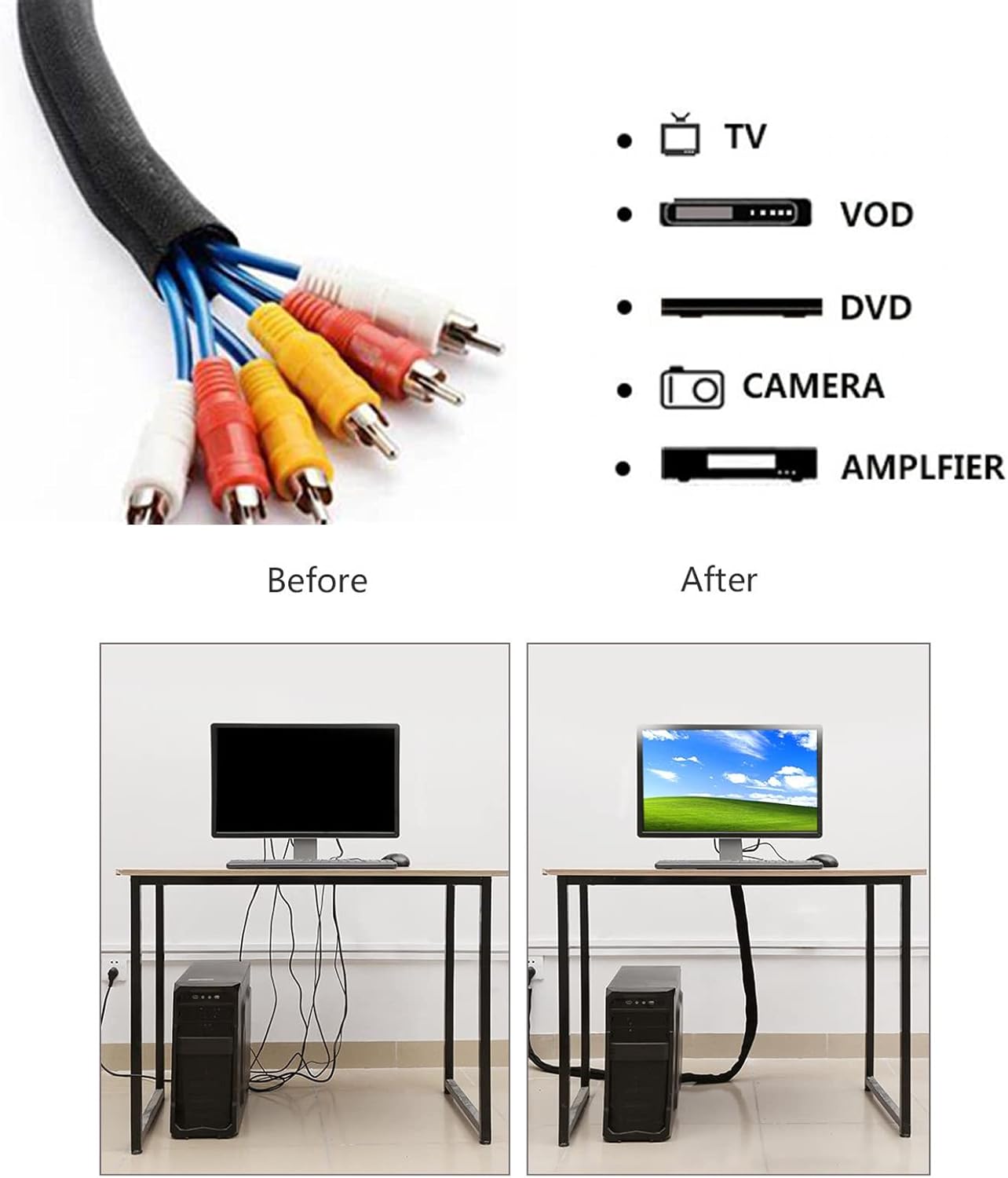 Mangas de gestión de cables trenzados, color negro, protector de cable de tubería de telar de alambre, autoenvoltura (12 “-20 pies)