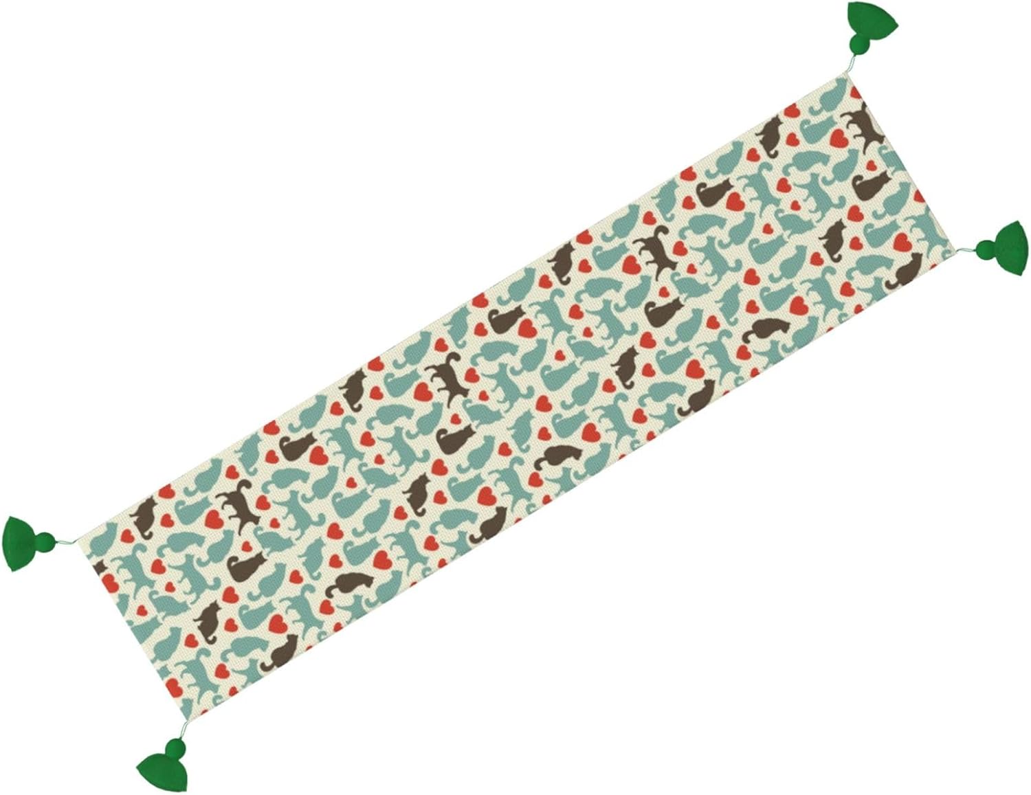 Camino de mesa de Navidad de gatitos marrones, verdes y corazón rojo, decoración de mesa de comedor, decoración de Navidad, decoración de interiores
