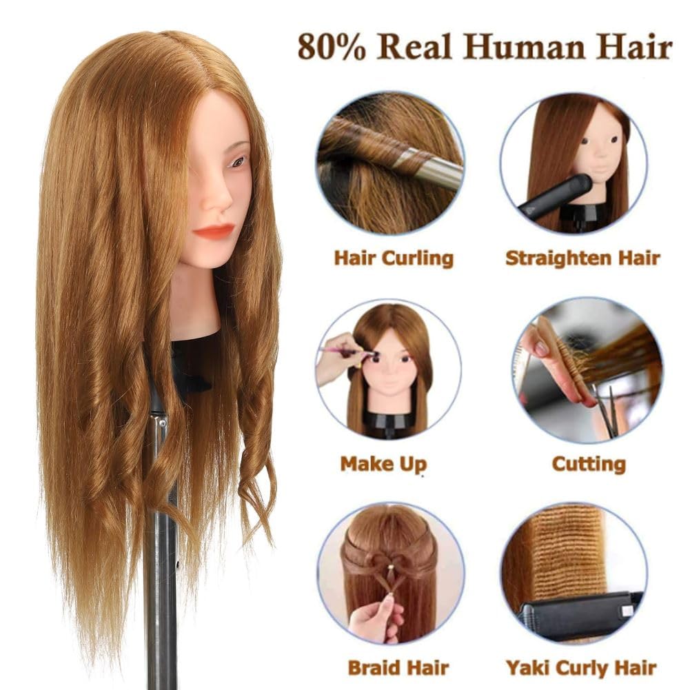 Opini Cabeza de maniquí con cabello, 80% cabello humano lacio, 26-28 pulgadas, cabeza de muñeca con cabello, cabeza de maniquí de cosmetología,