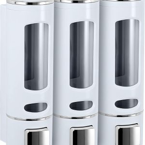 Dispensador de jabón de ducha de cámara 3 en 1 montado en la pared, dispensador de champú y acondicionador de 3 x 13.5 onzas, sin taladro, Dispensador de jabón de ducha de cámara 3 en 1 montado en la pared, dispensador de champú y acondicionador de 3 x 13.5 onzas, sin taladro,