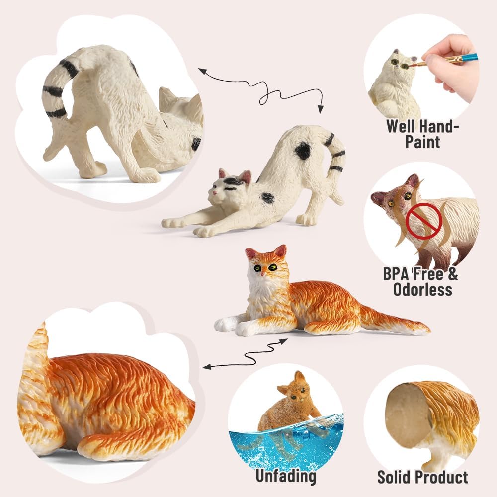 Mini Tudou Juego de figuras de gato de 12 piezas, juego de figuras de gato realistas con cuenco de comida, juguetes educativos para gatitos, figuras