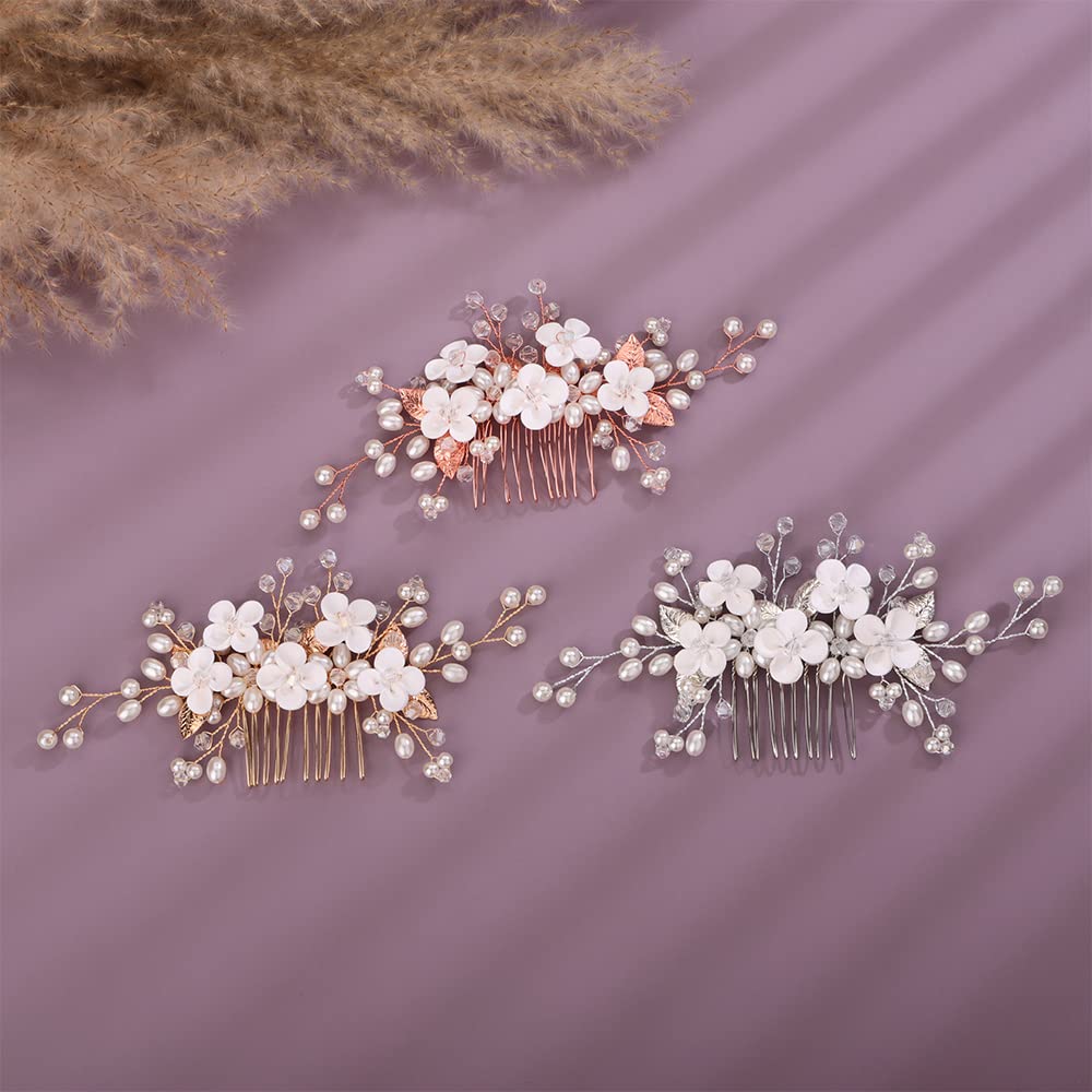 Peine de pelo de boda de flores, hojas de novia, perlas, peine lateral dorado y plateado con perlas de cristal, accesorios para el cabello para