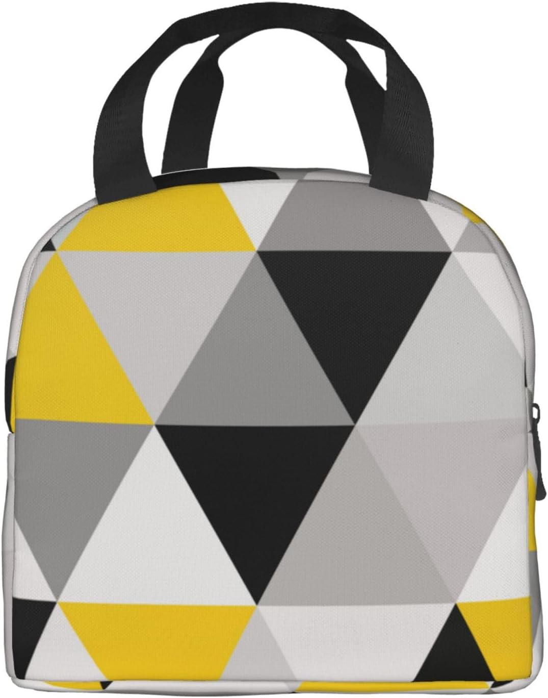 Bolsa de almuerzo reutilizable con aislamiento, triángulos geométricos blancos, amarillos y grises, caja de mano para preparación de comidas para
