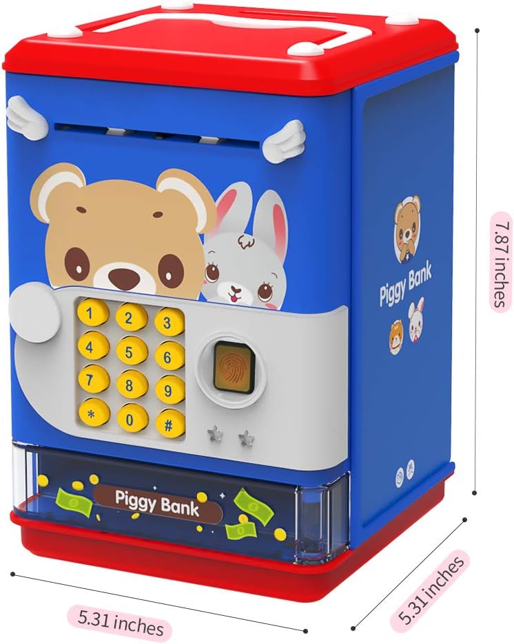 AIQI Hucha de juguete electrónico mini cajero automático con contraseña personal y simulación de desbloqueo de huellas dactilares, caja de música