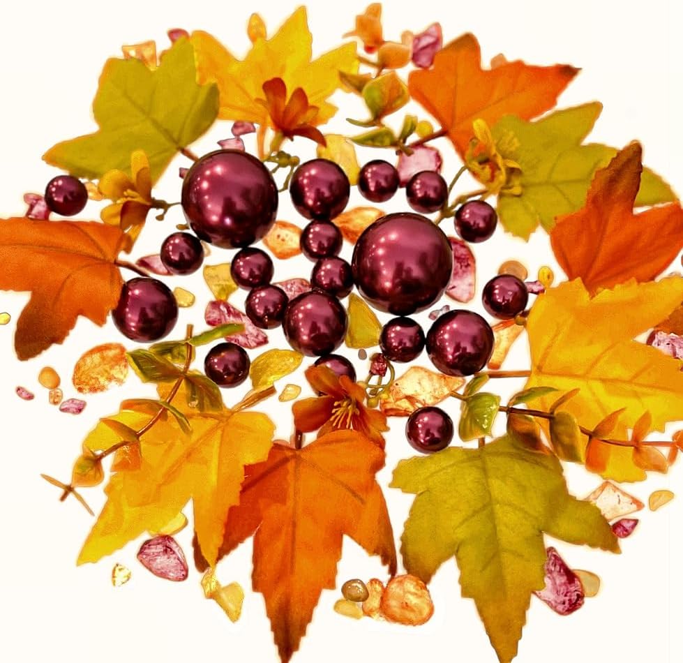 50 tonos flotantes de hojas de otoño brillantes, madres, perlas, guijarros, rellenos de 1 galón para jarrones, con gel transparente medido, kit