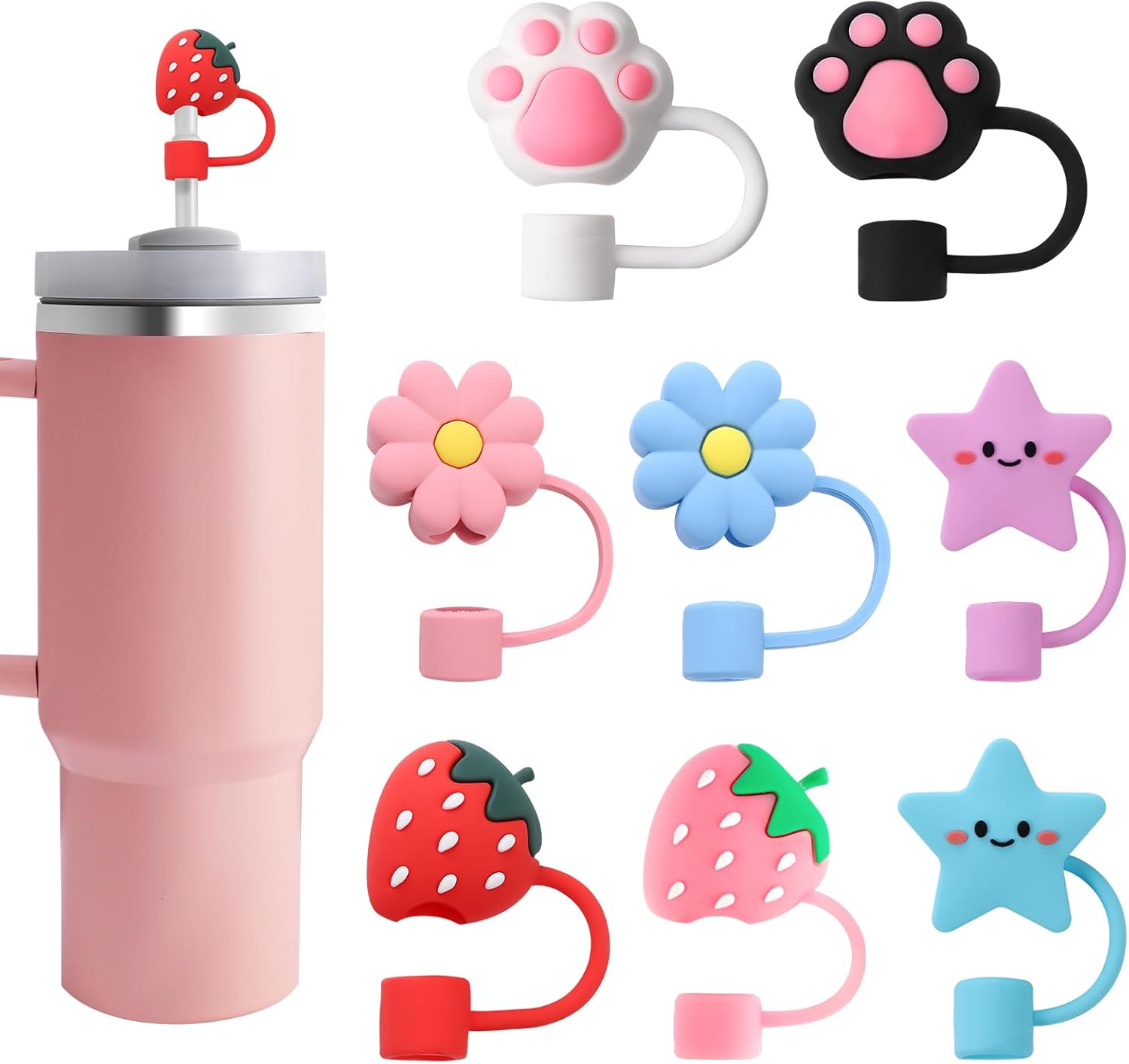 Stanley – 8 tapas de pajilla, para vasos Stanley de 30 y 40 onzas, reutilizables de silicona, bonitas tapas de popote en varias formas, tapas de