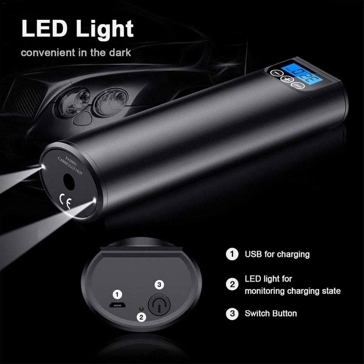 CAFFIA Compresor de aire portátil Mini inflador de aire bomba de neumáticos de mano 2000mAh con luz LED LCD digital 12V AC DC batería de litio